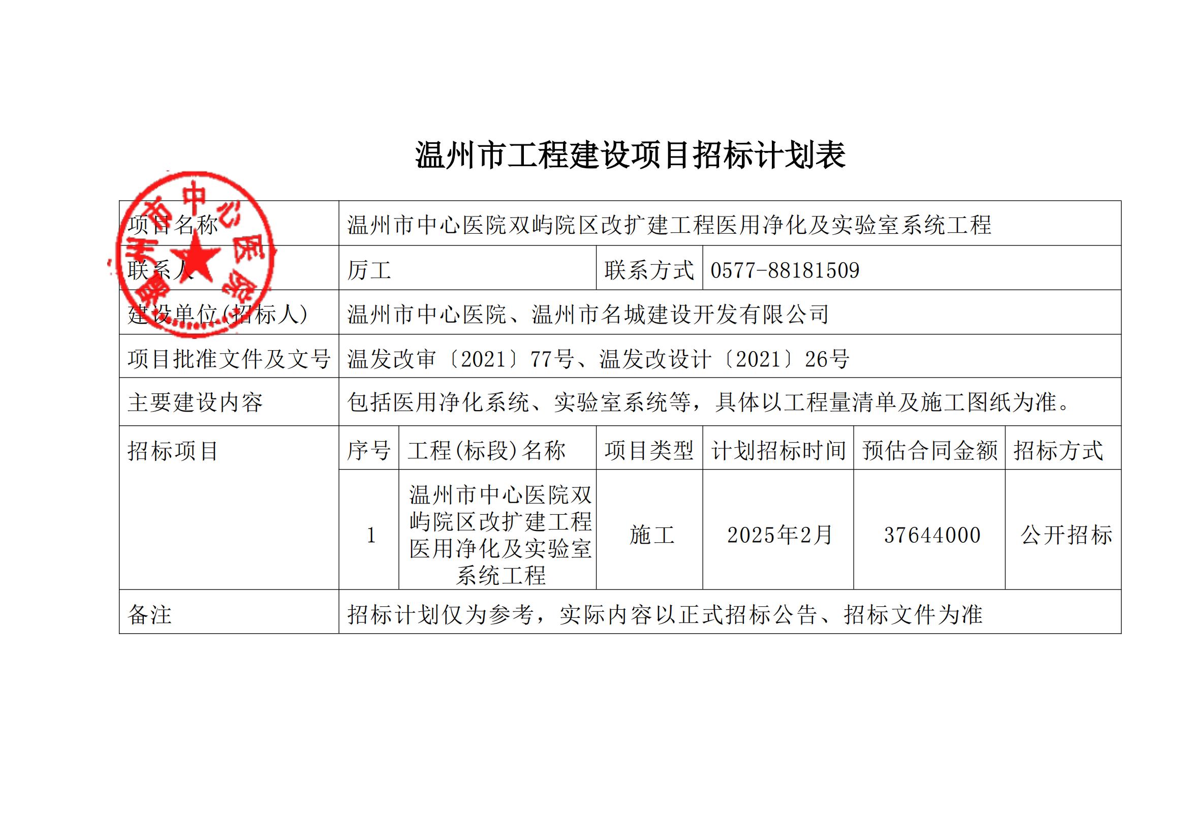 溫州市工程建設(shè)項目招標(biāo)計劃表（溫州市中心醫(yī)院雙嶼院區(qū)改擴建工程醫(yī)用凈化及實驗室系統(tǒng)工程）_00.jpg